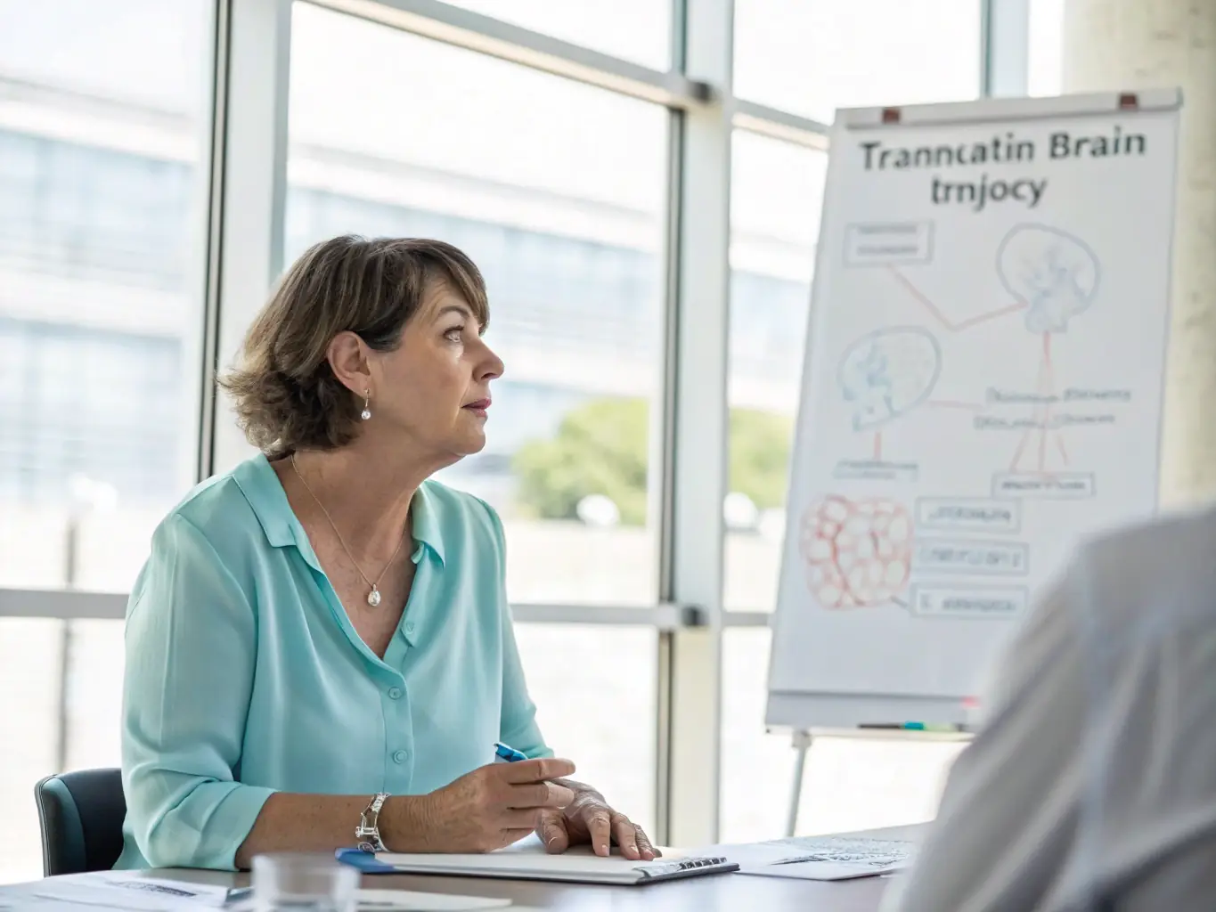 A dedicated therapist working with a traumatic brain injury patient on cognitive exercises at a table in their home, fostering mental clarity and focus.