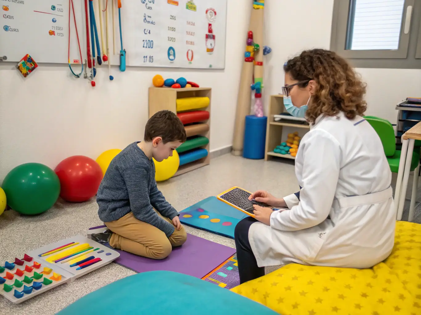 A therapist assisting a child with developmental delay in performing a fine motor skill activity at home, focusing on improving hand-eye coordination.