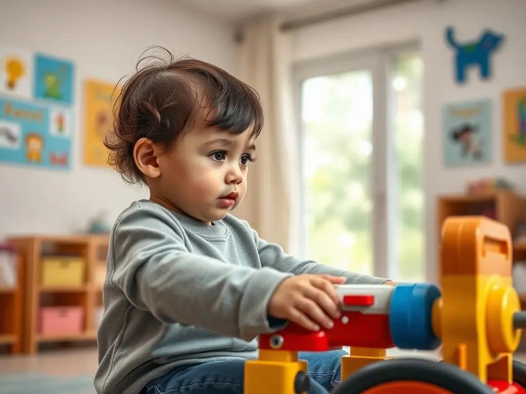 A therapist working with a child who has cerebral palsy, helping them with mobility exercises in a home setting. The child is smiling and engaged in the activity.