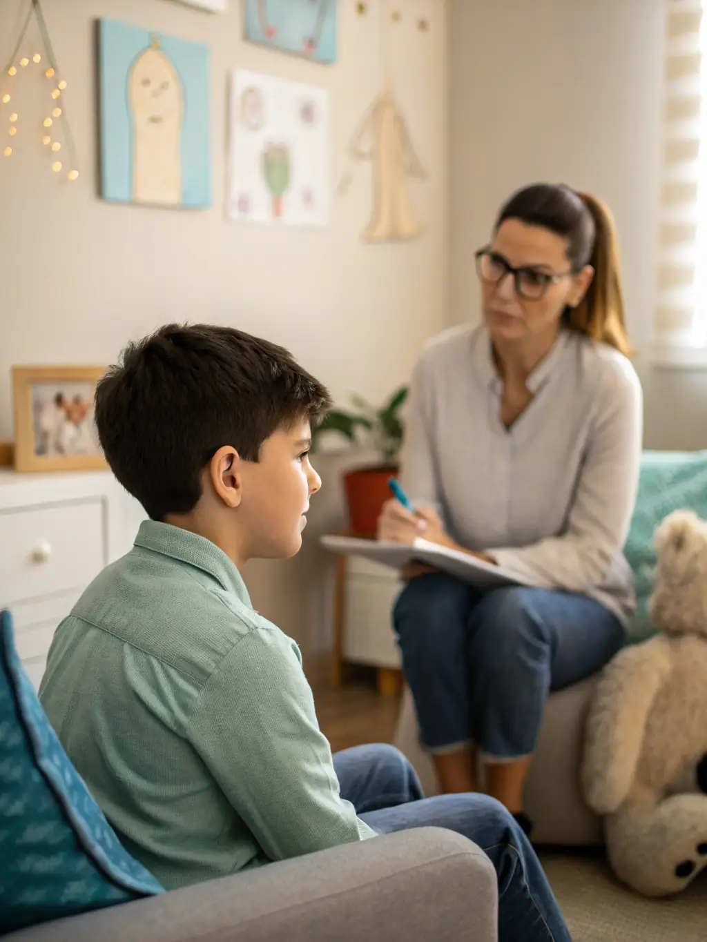 A therapist administering a standardized neuro assessment to a child in a home setting, focusing on functional goals.