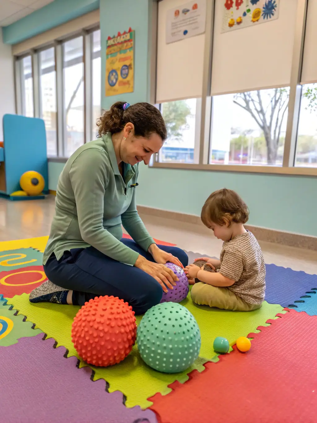 A therapist working with a child on fine motor skills in a home setting, showcasing personalized therapy plans and improved real-world function.
