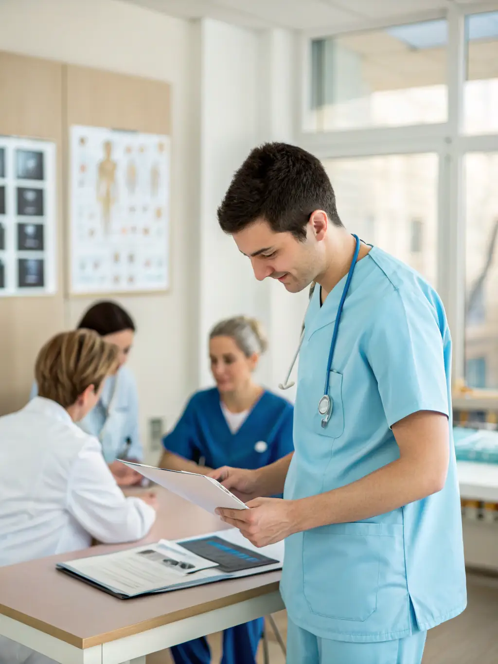 A neurologist and a physical therapist reviewing a patient's progress report together in a well-lit office, emphasizing collaboration and data-driven decision-making.
