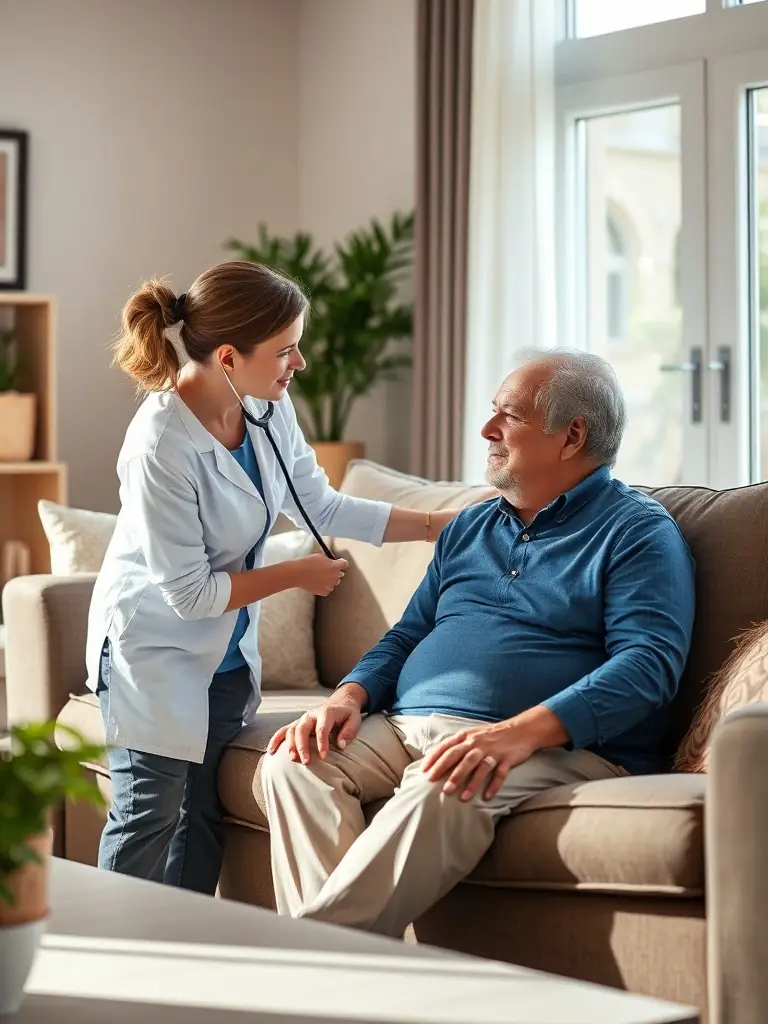 A respiratory therapist using a stethoscope to assess a patient's breathing in a home setting, focusing on the patient's comfort and the therapist's attentive listening.