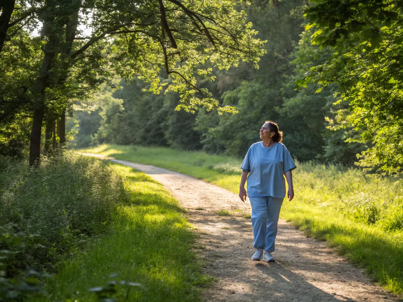 An image of a person confidently walking outdoors, engaging in a daily activity without breathlessness, representing the return to an active lifestyle. The person is smiling and appears energetic, showcasing the benefits of pulmonary rehabilitation.