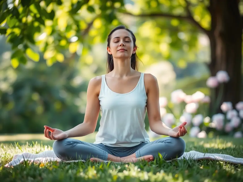A serene image of a person practicing deep breathing exercises in a peaceful, natural setting, symbolizing improved lung capacity and relaxation. The person is sitting comfortably, eyes closed, with a gentle smile, conveying a sense of calm and well-being.