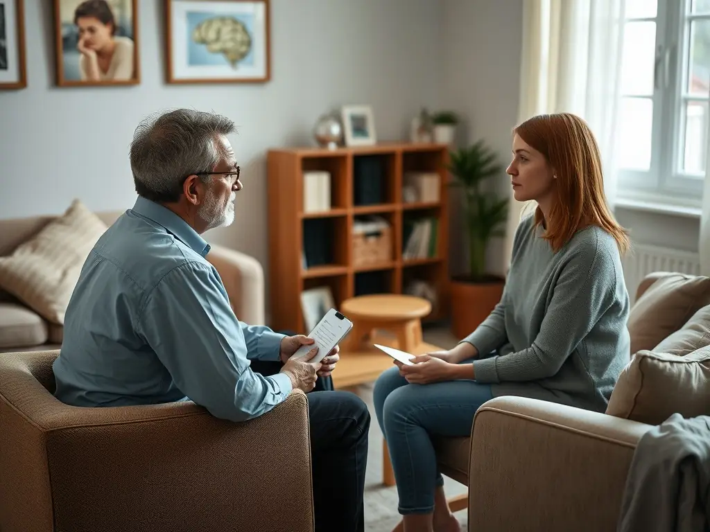 A supportive therapist guiding a patient through a breathing exercise, demonstrating the personalized care and attention provided by TheraSync Breath. The setting is a comfortable home environment, emphasizing the convenience of home-based therapy.