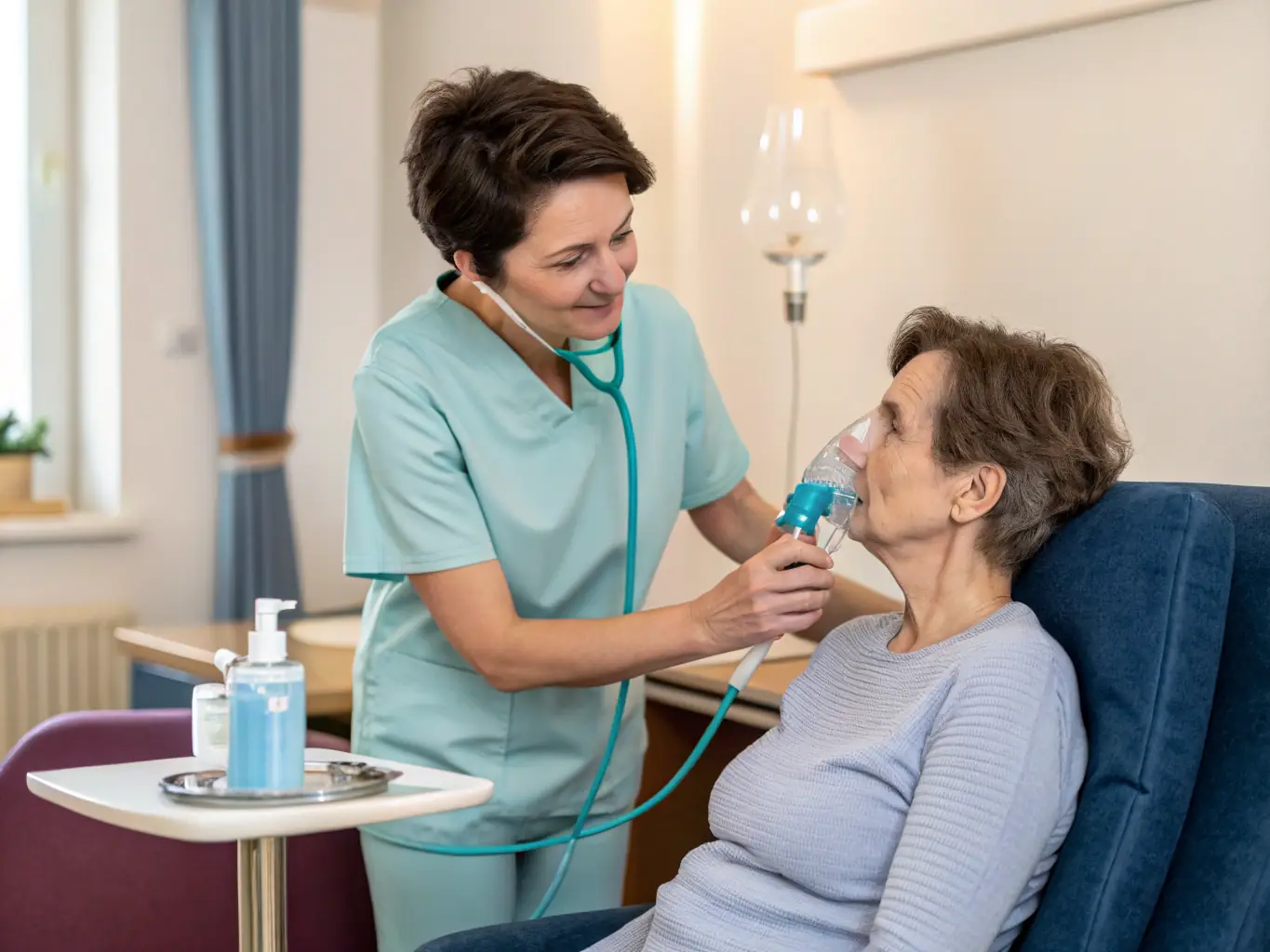 An image of a healthcare professional assisting a patient with breathing exercises post-COVID, emphasizing recovery and support.