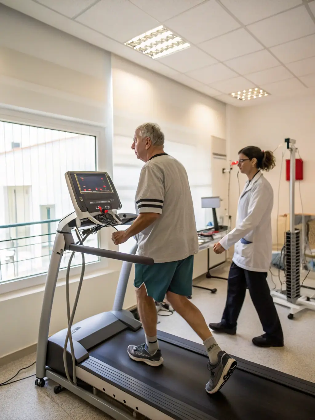 A patient on a treadmill, connected to monitoring equipment, with a therapist closely supervising their exercise and adjusting the intensity as needed.